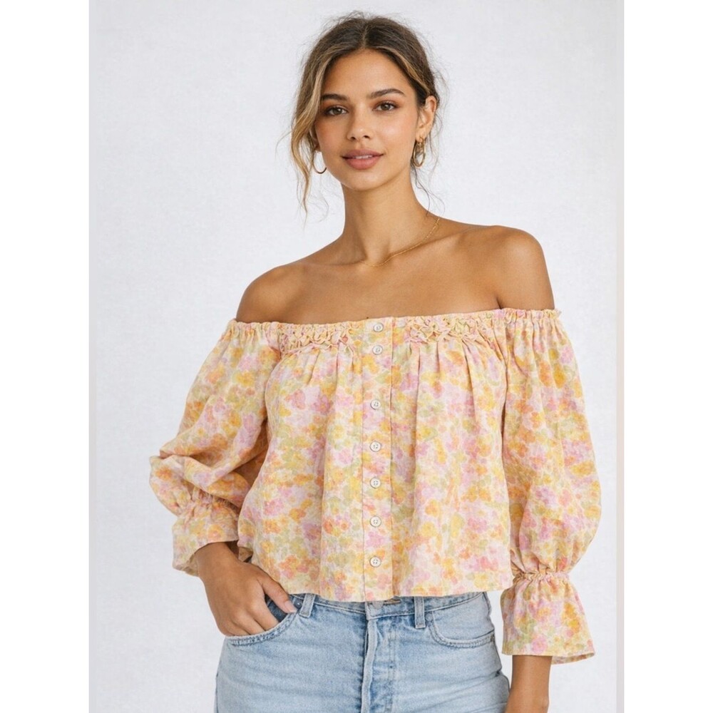 Free People Smocked Off Shoulder Floral Top Boho Puff Sleeve Blouse Cottage M
